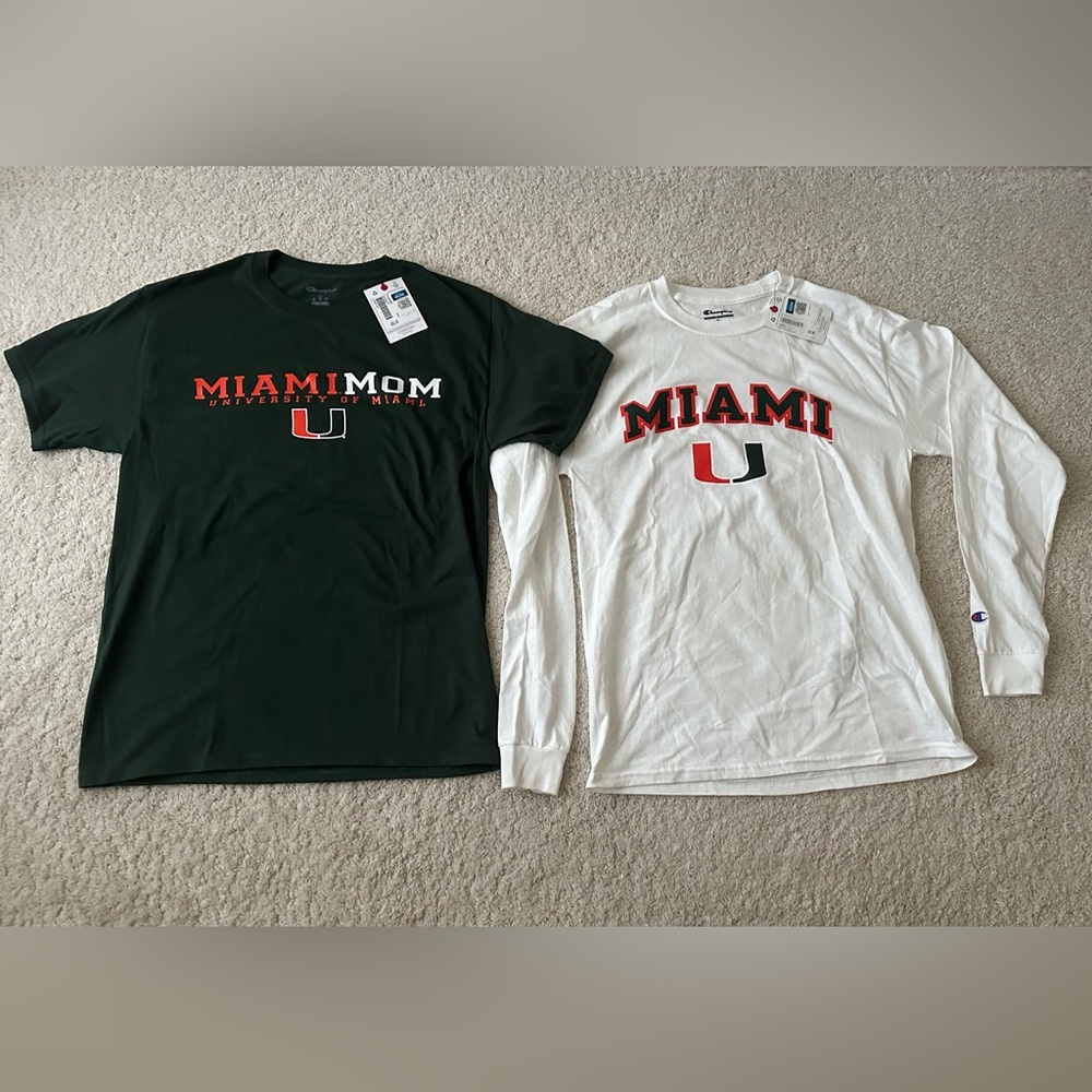 Woman’s Lot of 2 Champion University of Miami Tee Shirts Size Medium NWT Mom